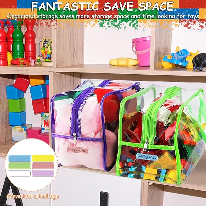 6 Colors Widen X-Large Storage Bags 12.6×9.25×6.9In with Labels, Reusable Clear PVC Board Game Storage, Travel Waterproof Organizer Bags with Zipper for Building Blocks, Puzzle, Stuffed Animals