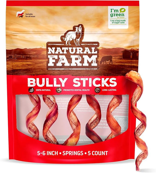 Natural Farm Odor-Free Curly Bully Sticks, (5-6 Inch, 5 Pack), Fully Digestible, 100% Beef Pizzle Chews, More Engagement & Fun, Grass-Fed, Non-GMO, Fully Digestible - Best for Small & Medium Chewers