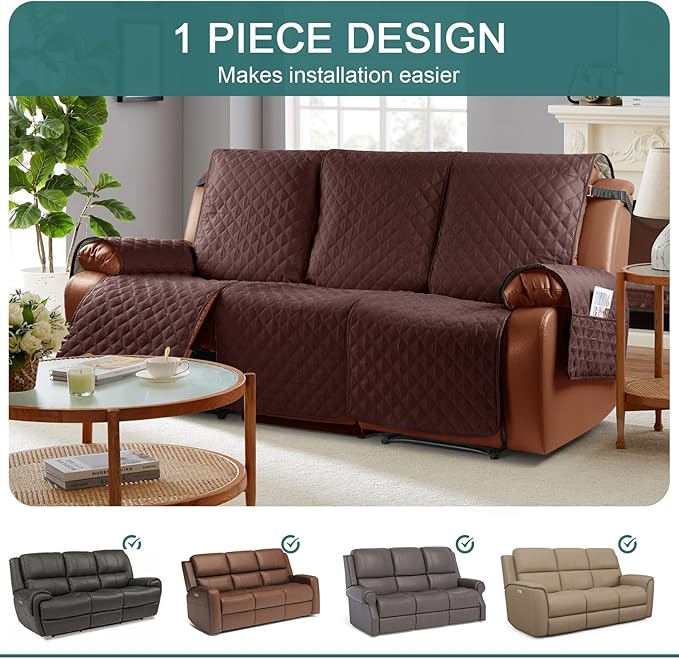 Ruaozz Waterproof Recliner Sofa Cover 1-Piece Couch Covers for Reclining Couches Reclining Sofa Cover Washable Furniture Protector with Elastic Straps Pocket for Kids, Pets (Coffee, 3 Seater)