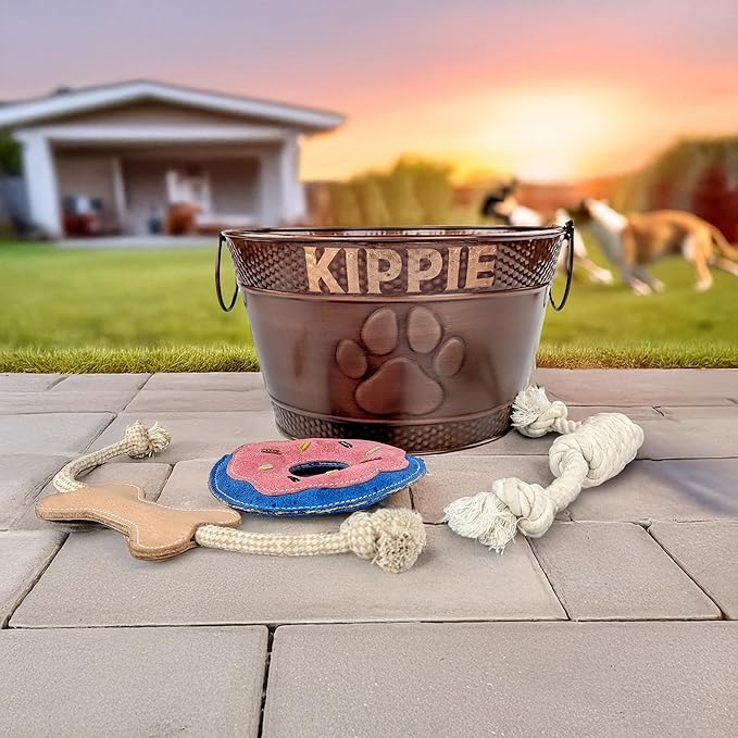 Personalized Metal Dog Toy Bin + 3 Toy Combo Set - Copper Galvanized Storage Bin with Handles, Basket for Pet Toys, Dog Toy Box, Pet Storage - Custom Dog Name Gift (Small - Copper)