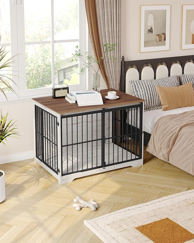 XL Large Dog Crate Furniture, 44.1" Indoor Dog Kennel Furniture with Barn Door, Wooden Tall Dog Crate, Heavy Duty Dog Cage for Large Dogs, Side End Table, Anti-Chew, White Brown DFC80114B
