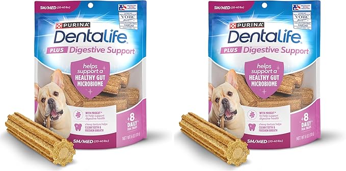 Dentalife Plus Digestive Support Dog Treats for Small and Medium Dogs 20-40 lbs., Cleans Teeth, Freshens Breath, & Supports Healthy Gut, Chicken & Pumpkin Flavor, 6 oz., 8 Chews - 6 oz. Pouch