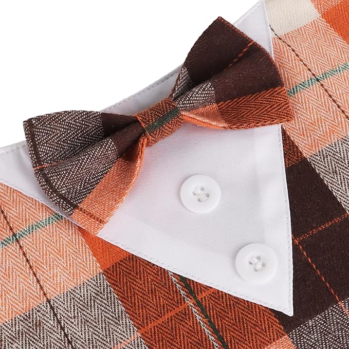 ADOGGYGO Fall Dog Tuxedo Bandana, Orange Plaid Pet Fall Collar with Bowtie, Adjustable Halloween Thanksgiving Costume for Extra Small Dogs (XS)