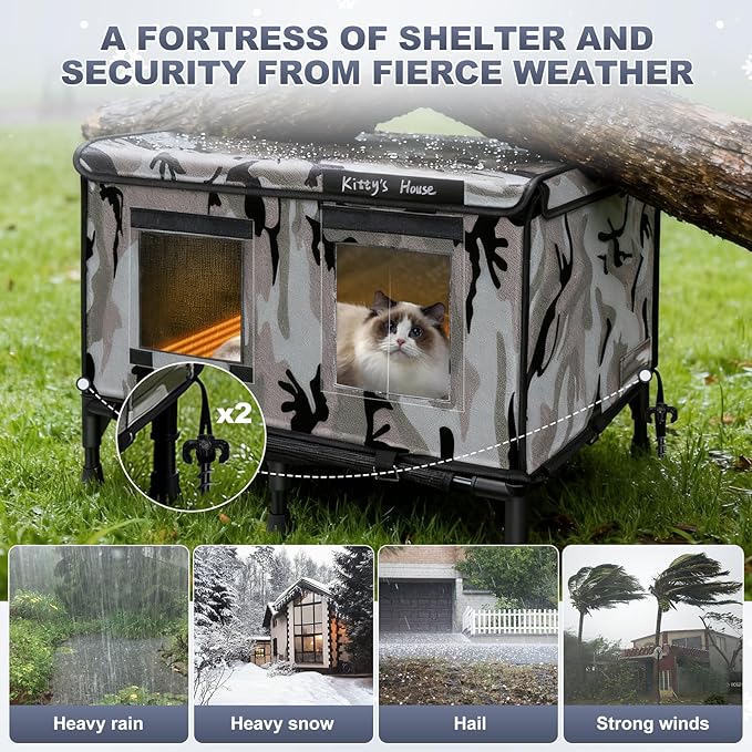 Heated Cat House for Outside in Winter, Weatherproof Insulated Outdoor Cat House with 2 Door & Elevated Base & Rain Coat, Feral Cat Shelter for Stray Cat (24"x18"x18")
