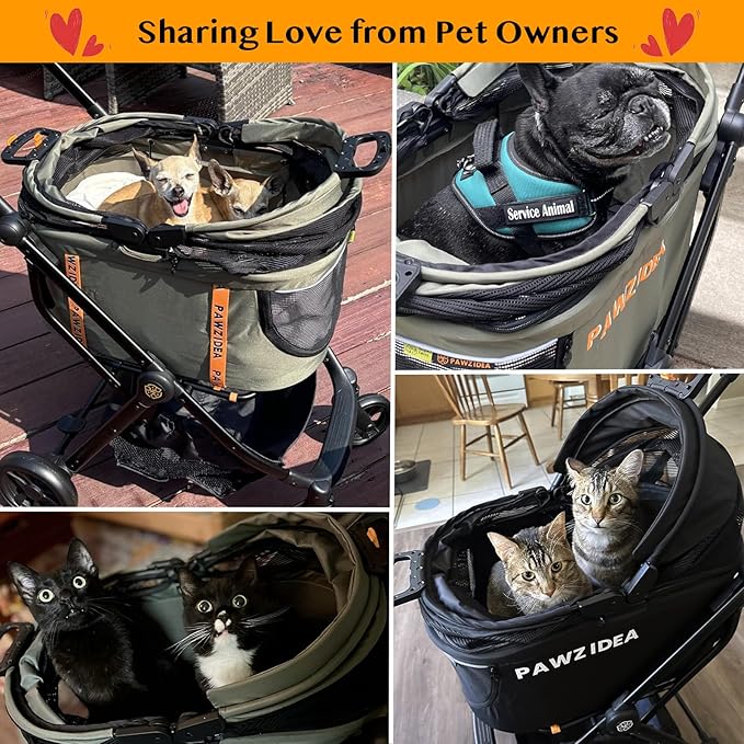 PAWZIDEA Pet Stroller 4 in 1, Cat Strollers with Detachable Carrier No-Zip Canopy, Portable Dog Crate for Car Seat Travel, Foldable & Lightweight Jogger for Small/Medium Dogs and Cats, Storage Basket