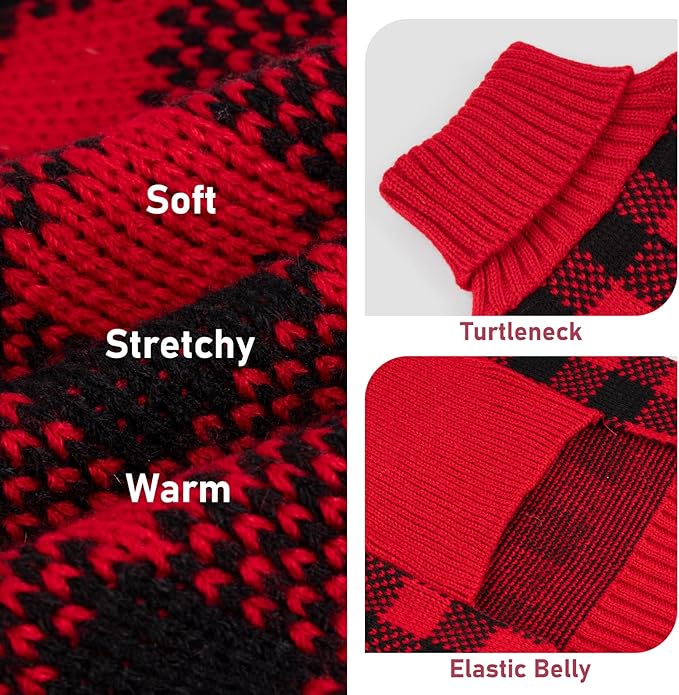 KYEESE Dog Christmas Sweater with Reindeer Pattern, Warm Holiday Outfit,Red Buffalo Plaid Knitwear, Turtleneck Dog Sweater for Small Dogs with Leash Hole, Soft Cozy Puppy Clothes, X-Small
