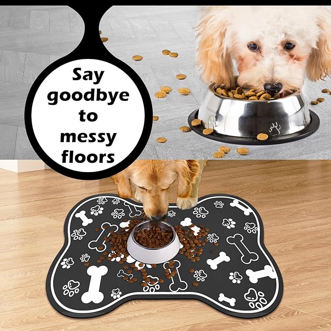 Dog Cat Food Mat,Rapid AbsorbentPet Feeding Mat, Bone Shaped Dog Placemat Water Bowl Mat with Rubber Backing,No Stains Dog Cat Food Mats Indoor, Pet Accessories Supplies 12""x18"" Black