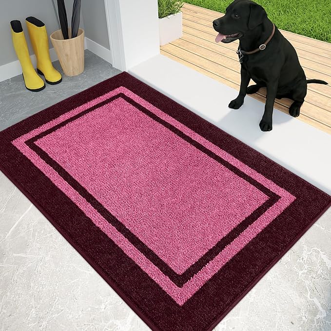 PURRUGS Dirt Trapping Door Mat 20" x 32", Non-Slip/Skid Machine Washable Entryway Rug, Shoes Scraper, Area Rug, Super Absorbent Welcome Mat for Muddy Wet Shoes and Paws, Pink & Burgundy Red