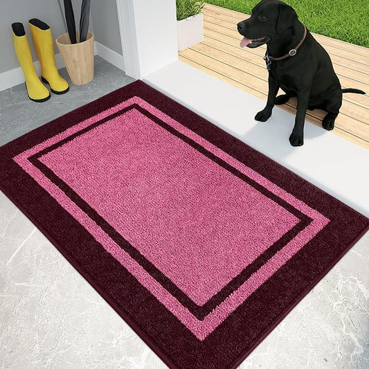 PURRUGS Dirt Trapping Door Mat 20" x 32", Non-Slip/Skid Machine Washable Entryway Rug, Shoes Scraper, Area Rug, Super Absorbent Welcome Mat for Muddy Wet Shoes and Paws, Pink & Burgundy Red