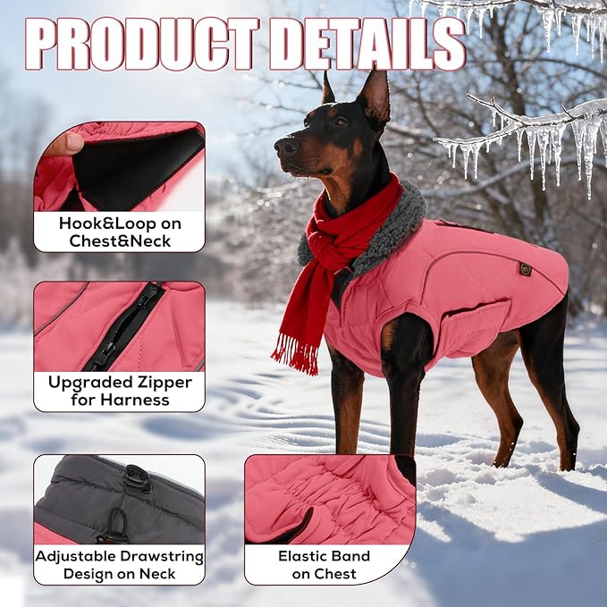 EMUST Dog Vests for Winter, Fleece Lined Dog Coat for Cold Weather Warm Pet Jackets for Small Medium Large Dogs, Pet Dogs Apparel for Cold Weather, Pink, XXXL
