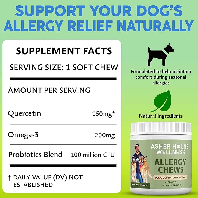 Asher House Wellness Dog Allergy Chews - All-Natural Itchy Skin Relief for Dogs with Bee Pollen, Colostrum - Licking Paw Treatment, Allergy Medicine for Dogs Over 12 Weeks, 120 Chews