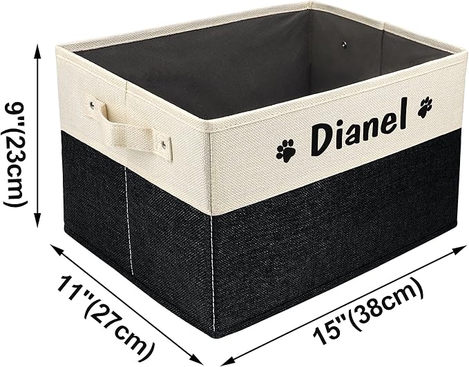 PET ARTIST Personalized Dog Toy Bin for Dog Toys Accessories - Foldable Dog Toy Basket Storage Box for Pet Toys,Dog Coat, Upgrade Black, M:15''(38cm)*11''(28cm)*9''(23cm)