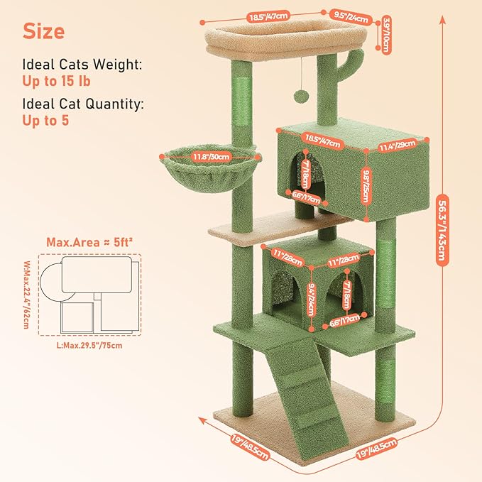 Cactus Cat Tree for Indoor Cats, 2 Cozy Condos with Spacious Top Perch, 56.3-Inch Multi-Level Cat Tower with Scratching Posts, 2 Caves, Plush Hammock and Climbing Ramp, Green