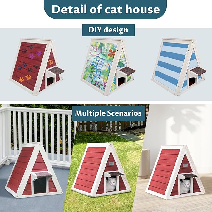 Petsfit Outdoor Cat House Weatherproof, Outside Feral Cat House with Escape Door,Outdoor Indoor Pet House for Small Animal, Small Rabbit Hutch Red