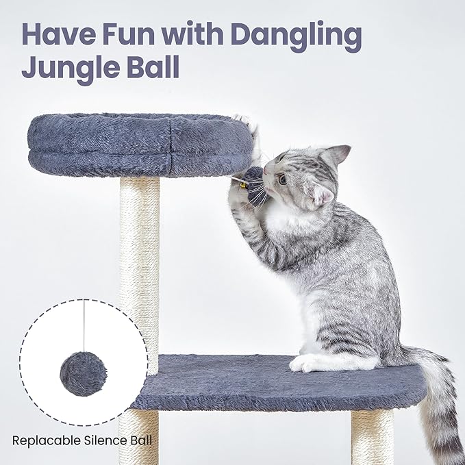 Cat Tree Tower for Indoor Cats Large Adult - 42 Inch Small Cats Condo Bed with Scratching Post Hammock Perch - Medium Multi Level Cat House for 2 Kitty Kitten - Grey Tall Climbing Towers Furniture