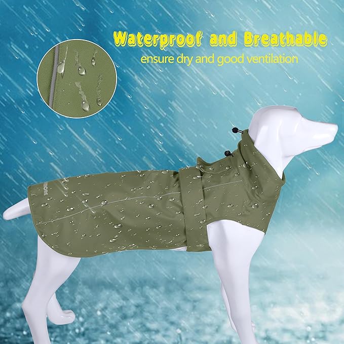 Adjustable Waterproof Dog Raincoat for Dogs,Lightweight Pet Rain Jacket Puppy Clothes with Reflective Strip for Small Medium Large Dogs (Army Green, XX-Large)