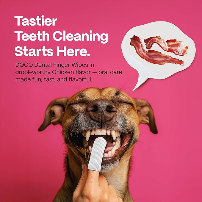 DOCO Dog Teeth Cleaning Wipes - Dog Tooth Brushing Kit, Remove Plaque & Tartar, Dental Freshen Breath, No Rinse, Easy Pet Tooth Cleaning Kit for Oral Care, Ideal for Cat Owners - Bacon Flavor, 100 ct.