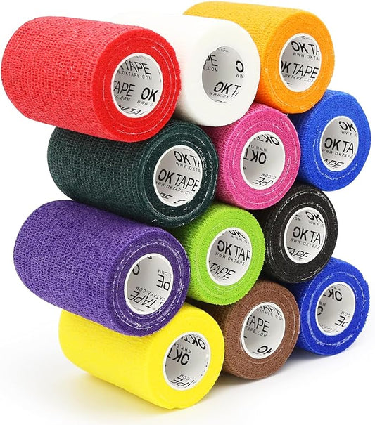 OK TAPE Self Adherent Cohesive Bandages Wrap - 12Packs, 3" x 5 Yards, Non-Woven Self Adhesive Bandage Wrap for Thumb, Finger, Wrist, Ankle, Vet Wrap Bandages Tape (Mixed Colors)