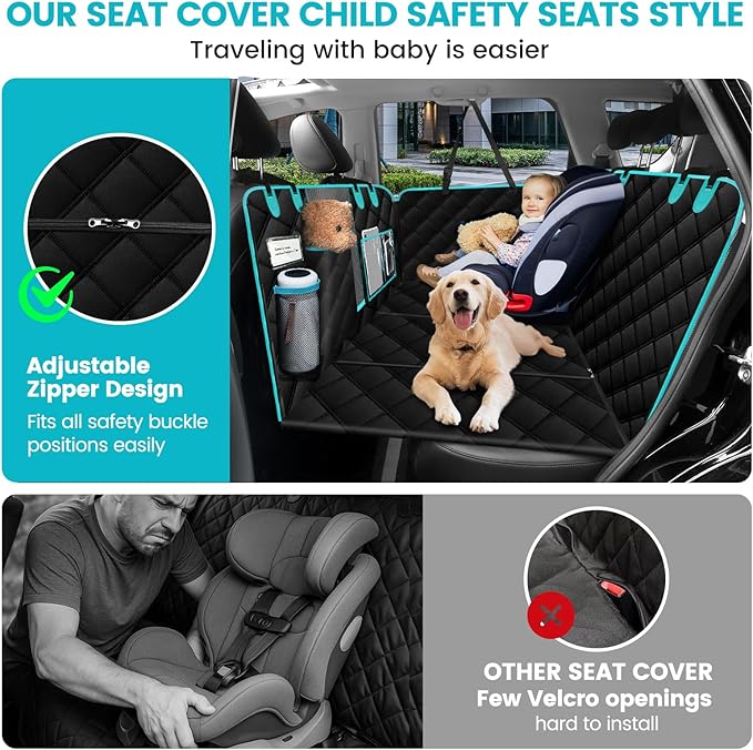Black-Aqua Dog Car Seat Cover, Backseat Extender Hard Bottom, 100% Waterproof, Exclusive Zipper Design for Child Seat & Dog Seat Belt, Fits Small to Large Dogs or Multiple Pets