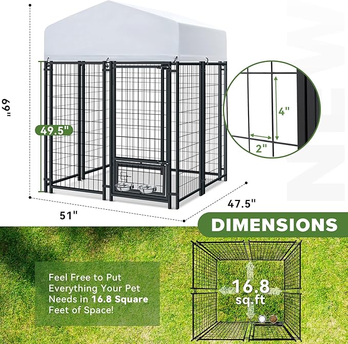 Oranland 4x4x6FT Outdoor Dog Kennel, Heavy Duty Welded Wire Steel Dog kennels with Secure Lock for Outside, Dog Pen with Waterproof Roof Cover and 2 Rotating Dog Bowls