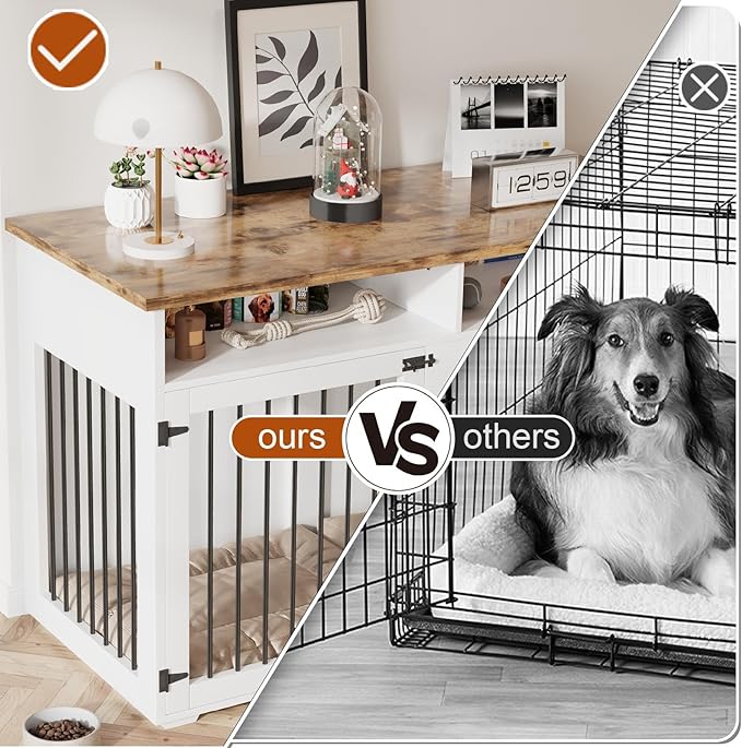 Dog Crate Furniture for 2 Dogs, 55 Inch Dog Crate Indoor with Removable Divider and Shelf Storage, Wooden Dog Crates for Medium Dogs, White