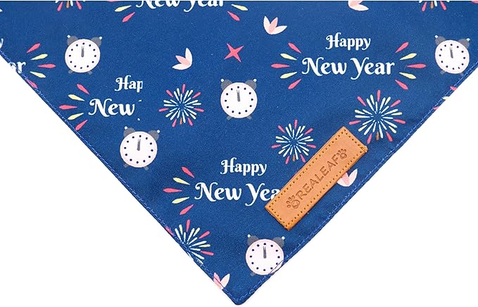 Realeaf Happy New Year Dog Bandanas 2 Pack, Reversible Holiday Pet Scarf for Boy and Girl, Premium Durable Fabric, Bandana for Small Medium Large and Extra Large Dogs (Small)