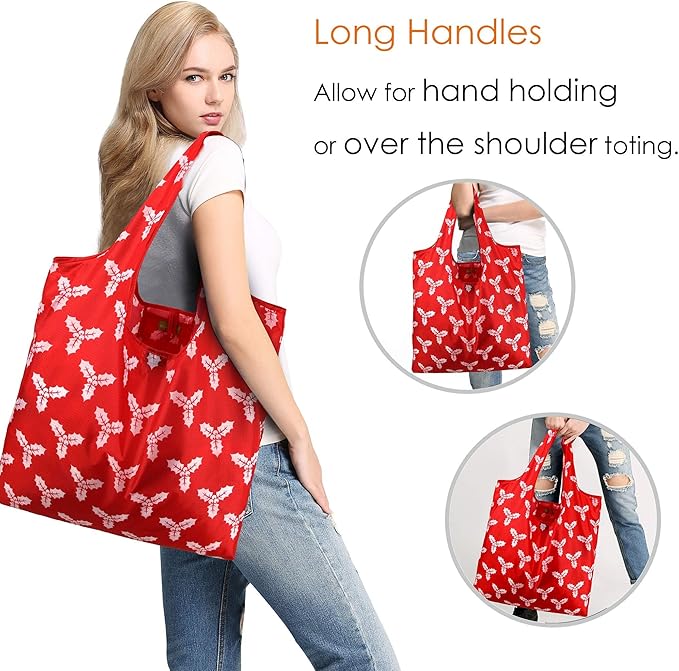 BeeGreen Christmas Reusable Shopping Bags 12 Pack with Zipper Storage Pouch Christmas Gifts Grocery Bags Bulk with Elastic Band 50LBS X-Large Foldable Machine Washable Santa Deer Snowman