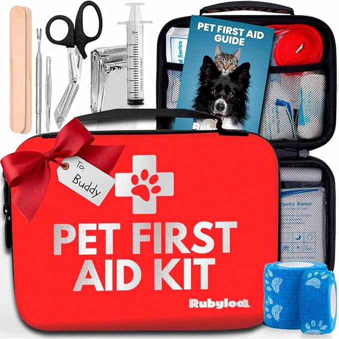 Dog First Aid Kit - Vet Approved Pet First Aid Supplies to Treat Dogs & Cats in an Emergency - Pet First Aid Kit Guide, Tick Remover, Slip Leash & Medical Essentials for Home, Camping, Car, RV, Travel