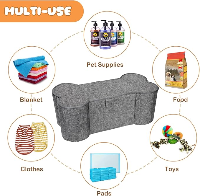 Lukeline Large Dog Toy Basket, Bone Shape Dog Toy Storage Box, Foldable Fabric Storage Bin for Pet toys and Pet Supplies, 26.4 * 12.6 * 9.5 Inches (1 Pack-Grey-Lid)