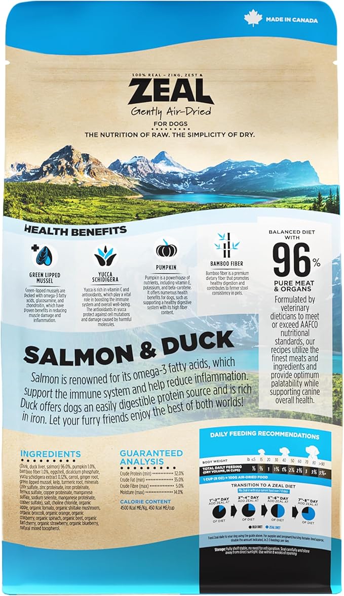 ZEAL Canada Air-Dried Salmon & Duck Recipe for Dogs - Superfood Omega-3 Rich, Dual-Protein, Grain Free, No Fillers, Complete Nutrition (Salmon & Duck, 5.5 lb)