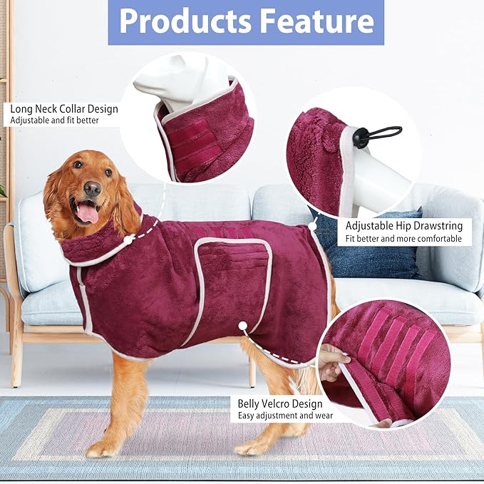 Dog Bathrobe Towel Dog Drying Coat - Super Absorbent Bath Robe for Drying Dogs Large, Soft Adjustable Collar & Belly Strap Fast Drying Coat Pet Dog Cat Bath Robe Towel (Purple, X-Large)