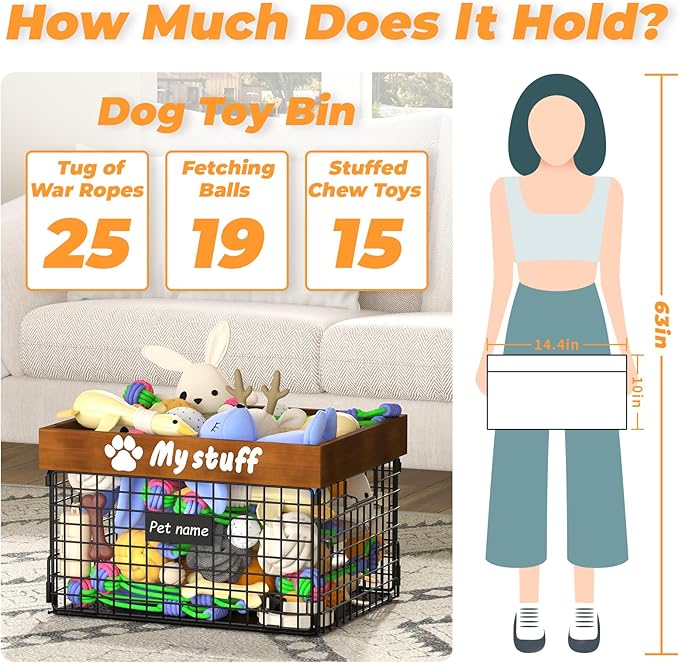 Dog Toy Bin Toy Basket Metal Storage Box with Handles Dog Organizer Chew-Proof Dog Toy Box Blankets Leashes Chest Puppy Dog Toy Storage Wood Metal Container Home Decor Pet Toys Dog Cat