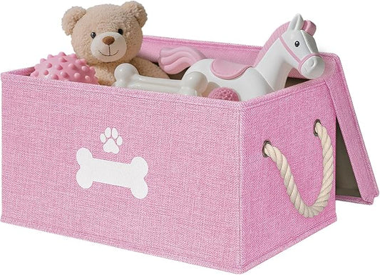 Dog Toy Basket with Lid, Dog Basket for Toys, Dog Toy Box with Cotton Rope Handles, Collapsible Storage Bins for Dog Toys, Dog Storage Organizer, Pink