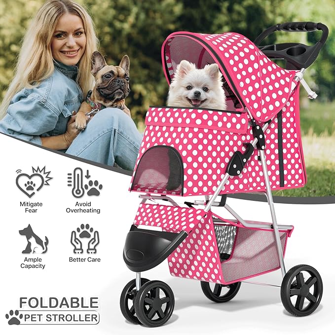 MoNiBloom 3 Wheels Pet Dog Cat Stroller for Small Medium Dogs Cats, Foldable Jogger Stroller w/Storage Basket and Cup Holder, Hot Pink Polka Dots