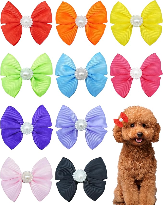 PET SHOW 10Pcs 2" Plain Small Dog Hair Bows with French Clips Faux Pearls Pet Bowknot Barrette Bows Puppy Topknot Medium Dogs Grooming Hair Accessories for Doggies Cat Kitten Rabbit