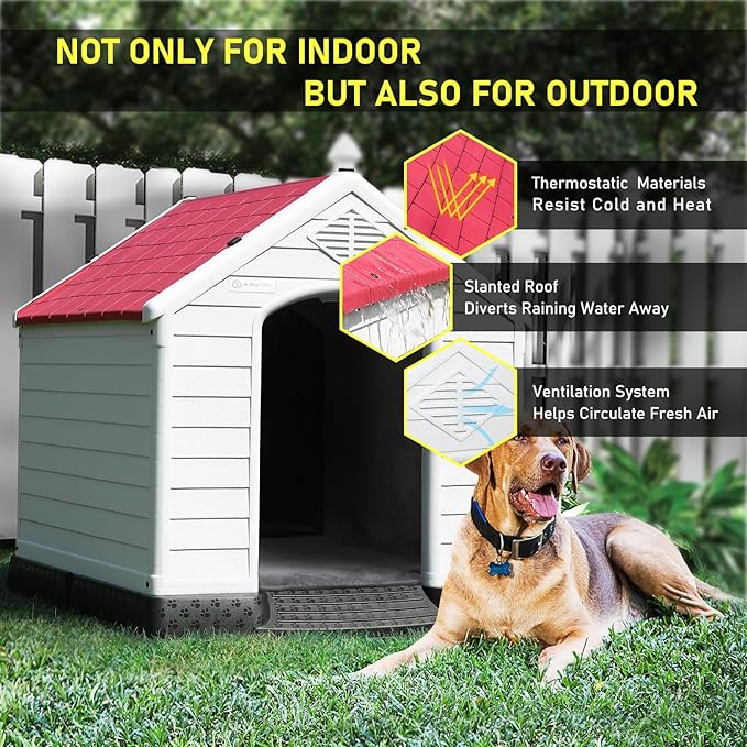 LEMBERI Durable Waterproof Plastic Dog House for Small to Large Sized Dogs, Indoor Outdoor Doghouse Insulated Puppy Shelter with Elevated Floor, Easy to Assemble (Red with Liner, 42''L*38''W*39''H)