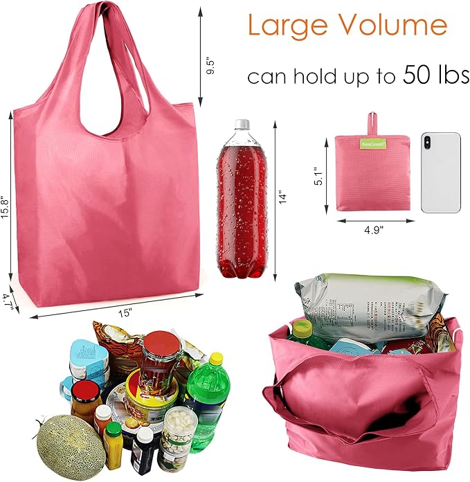 BeeGreen Watermelon Red Reusable Grocery Bags with Elastic Band Reusable Shopping Bags Bulk 50LBS X-Large Foldable-Machine Washable-Heavy Duty 10 Pieces