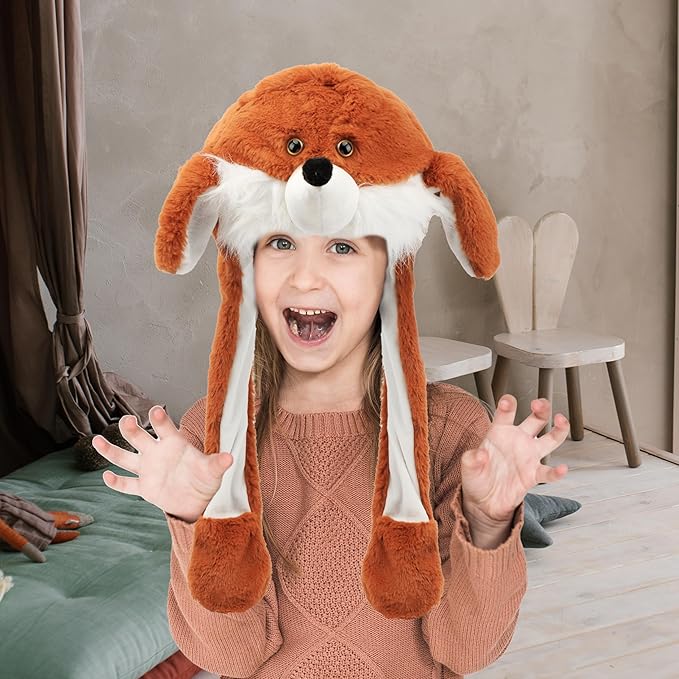Animal Hat with Ears Moving Jumping Pop Up Beating Hat Plush Holiday Cosplay Dress Up Funny Gift for Kids