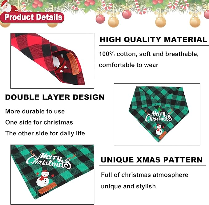 ADOGGYGO 2 Pack Dog Bandana Christmas Classic Plaid Pet Scarf Triangle Bibs Kerchief Merry Christmas Santa Snowman Bandana for Medium Large Dogs Pets (Large)