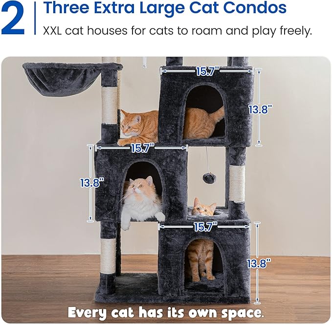 MWPO Extra Large Cat Tree - 70.1-Inch Tall Cat Tower with 3 Cat Condos, Multi-Level Cat Stand for Large Cats Featuring Scratching Posts, Padded Perches, Hammock, Dangling Toys - Smoky Grey