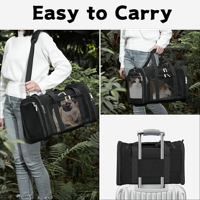 Soft-Sided Cat/Dog/Pet Carrier, Collapsible Pets Travel Carriers for Big Cats/Small Dogs with Shoulder Strap & Removable Mat, Mesh Puppy Carry Bag, Up to 25 Lbs(Black)
