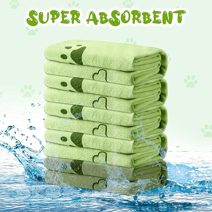 Tatuo 12 Pcs Dog Grooming Towels 28 x 55 Inch Microfiber Drying Pet Bath Towels Dog Absorbent Towel Quick Drying Puppy Bathing Supplies for Small Medium Large Puppy Cat(Green,Paw, Bone)