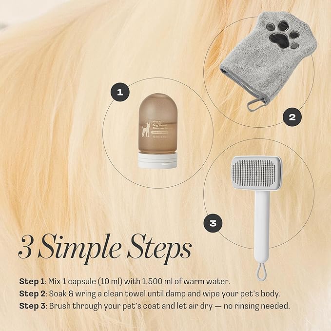 Dog Rinse-Free Shampoo & Conditioner with Bath Mitt – Sensitive Skin, Stress & Itch Relief Leave-In Cleanse Serum – 98.65% Naturally Derived, Gentle Cleanse, Hydrate & Deodorize – 8 x 10ml