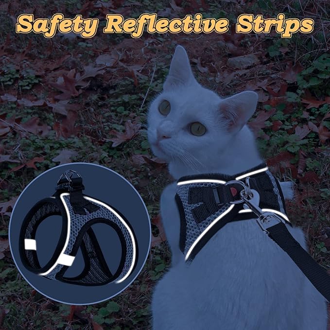 Cat Harness and Leash for Walking Escape Proof, Adjustable Kitten Vest Harness Reflective Soft Mesh Puppy Harness for Outdoor, Comfort Fit, Easy to Control (Gray, XS)