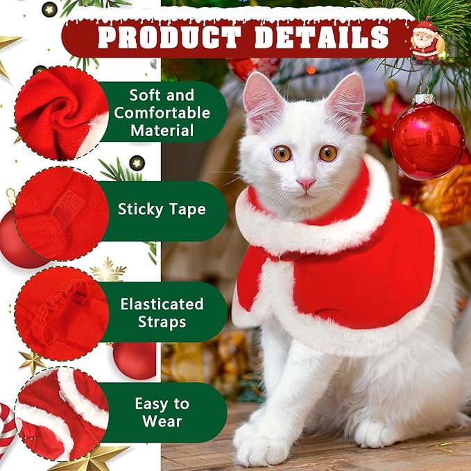 Dog Christmas Clothes Cloak, Pet Christmas Costume Poncho Cape for Cats Small Dogs, Kitten Santa Costume, Puppy Xmas Claus Costumes Apparel, Pet Santa Claus Red Cloak for New Year Party Cosplay