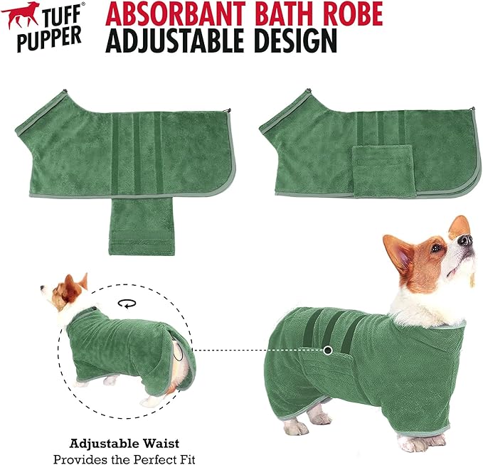 Tuff Pupper Fast Drying Dog Bath Robe | 800 GSM Plush Dog Towel Bathrobe/Dressing Gown | Super Absorbent Pet/Puppy Bathrobe | Adjustable Hood & Belly Strap | Super Soft | Fast Drying (L, Green)