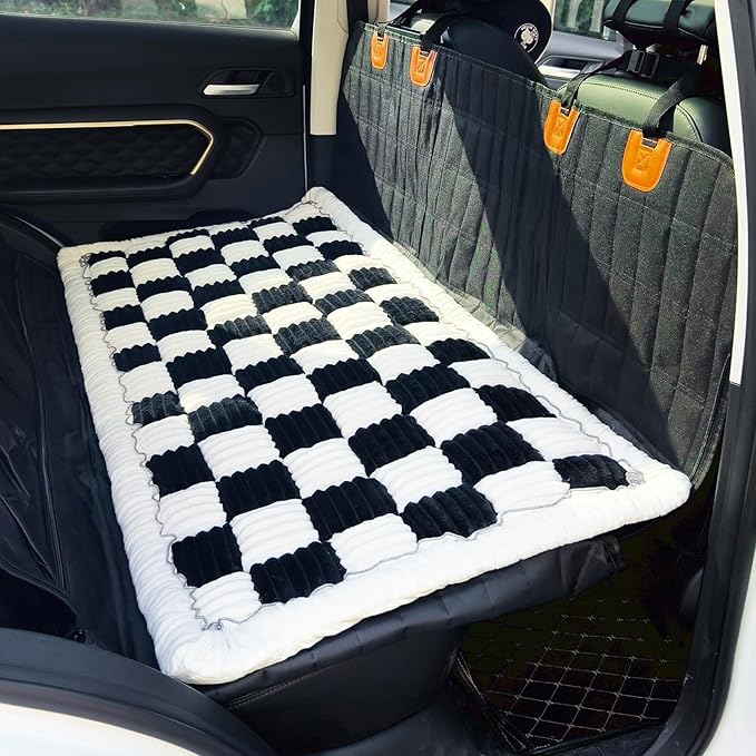 Backseat Pet Bed Mat, Truck Plaid Dog Bed for Car Back Seat, Deluxe Dog Seat Covers, Non-Slip Travel Pet Mat, Fit for Backseat Extenders and Trucks SUVs (Black&White, 24.8x54 inch)