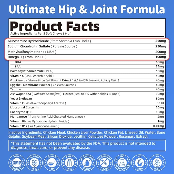 Senior Advanced Joint Supplement for Dogs – 17-in-1 Glucosamine for Dogs with Chondroitin – Hip & Joint Pain Relief Pills – Mobility Support Chews – Large & Small Breeds - Chicken Flavor – 90Ct