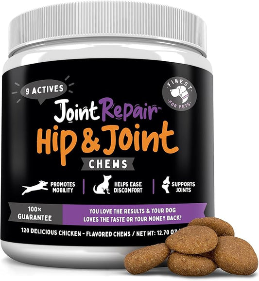 Finest For Pets Joint Repair Hip and Joint Chews for Dogs Glucosamine, Chondroitin, MSM, Omega 3 & Turmeric for Dog Joint Support, Mobility & Pain Relief - (120 Chicken Flavored Chews, Made in USA)
