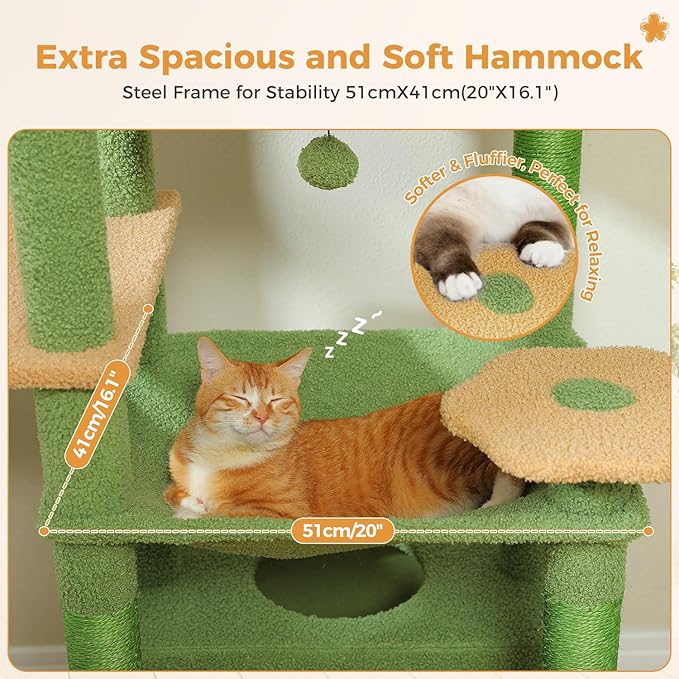 PAWZ Road Large 72 Inches Cat Tree and Tower for Indoor Cats - with Sisal-Covered Scratching Posts, Padded Perches, Condos, and Basket - Green